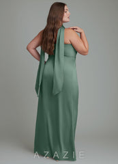 Azazie Calandra Eucalyptus Sheath Pleated Stretch Satin Dress eucalyptus