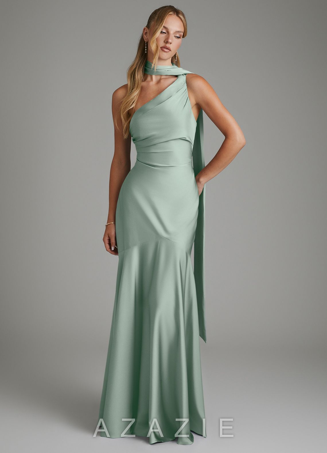 Azazie Amara Agave Mermaid One Shoulder Stretch Satin Dress agave