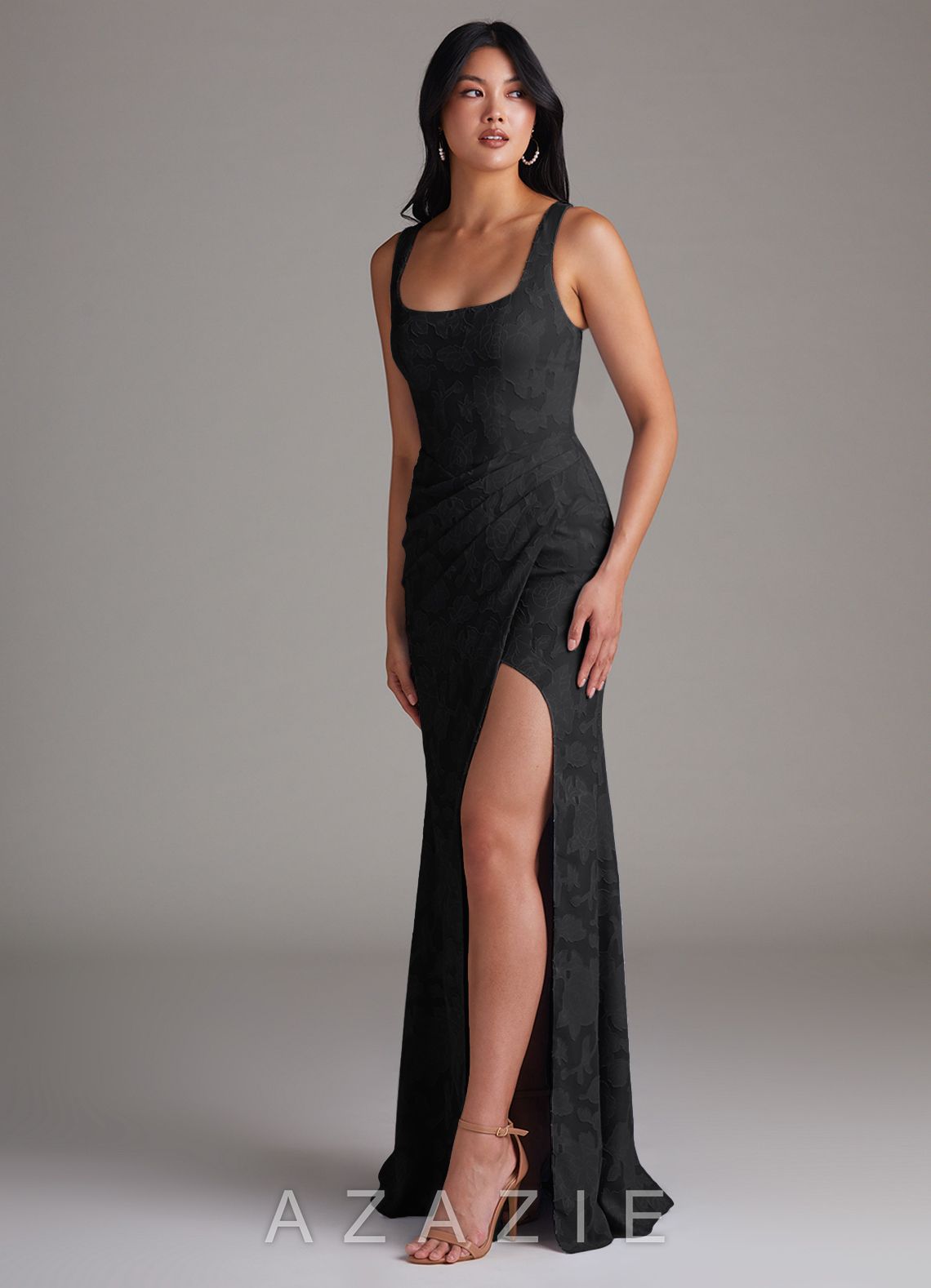 Azazie Mero Black Sheath Pleated Floral Burnout Dress black