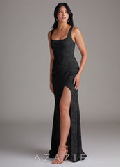 Azazie Mero Black Sheath Pleated Floral Burnout Dress black