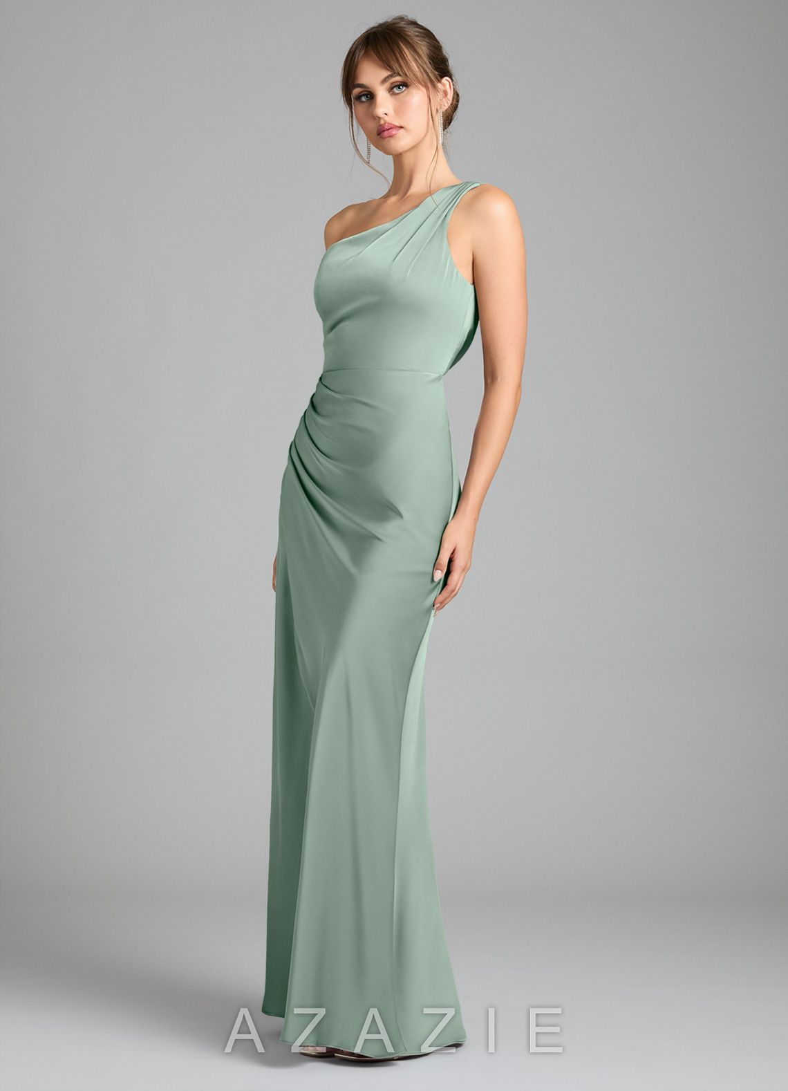 Azazie Madelyn Agave Mermaid One Shoulder Stretch Satin Convertible Dress agave