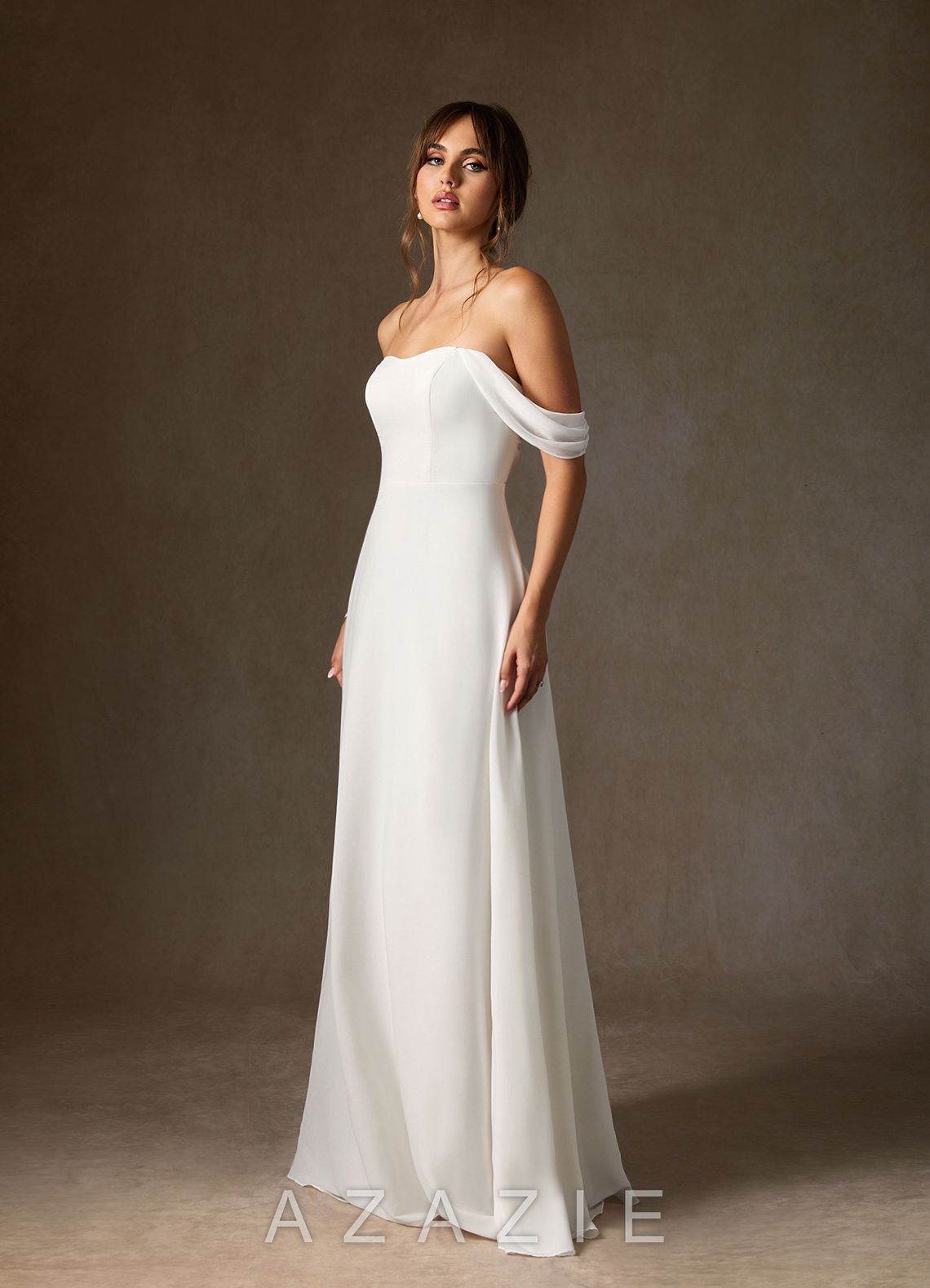 Azazie Ava Wedding Dress Diamond White A-Line Off the Shoulder Stretch Chiffon Dress diamond_white