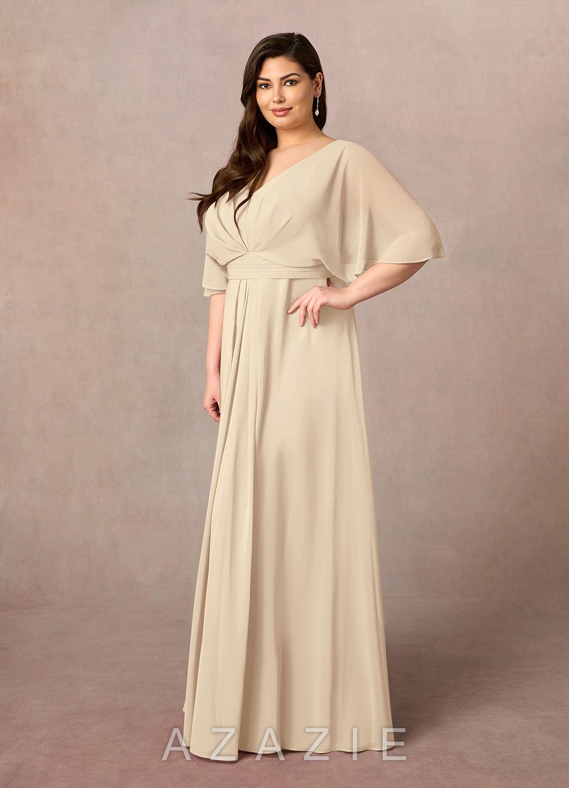 Azazie Oksana Champagne A-Line V-Neck Pleated Chiffon Dress champagne