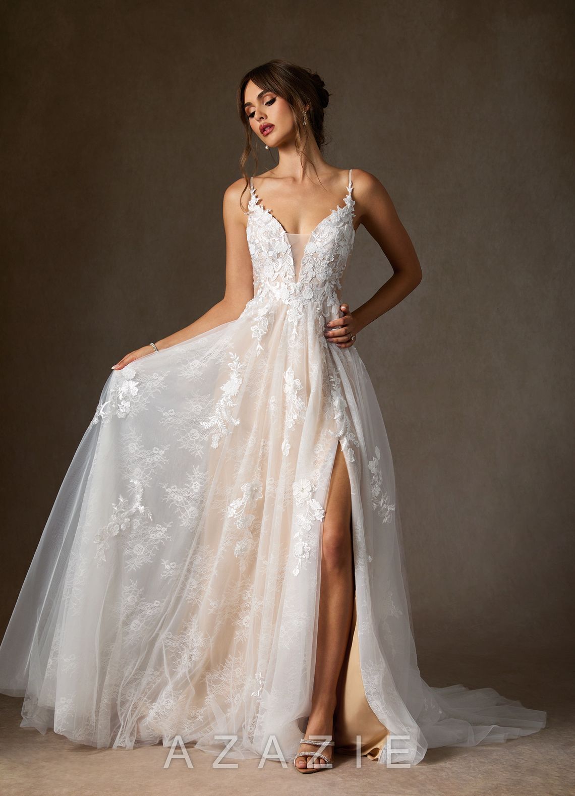 Azazie Monda Wedding Dress Diamond White Champagne A-Line Lace Tulle Dress