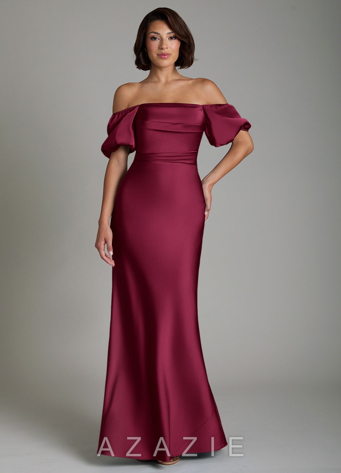 Azazie Lea Burgundy Mermaid Off the Shoulder Stretch Satin Convertible Dress burgundy