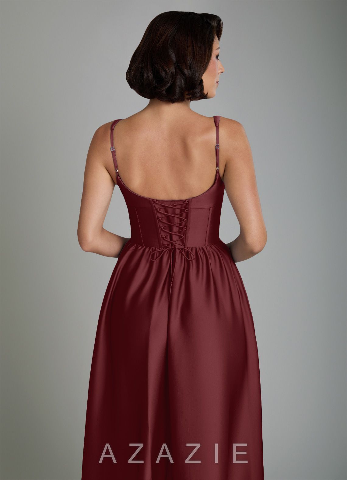 Azazie Mona Cabernet A-Line Corset Stretch Satin Dress cabernet