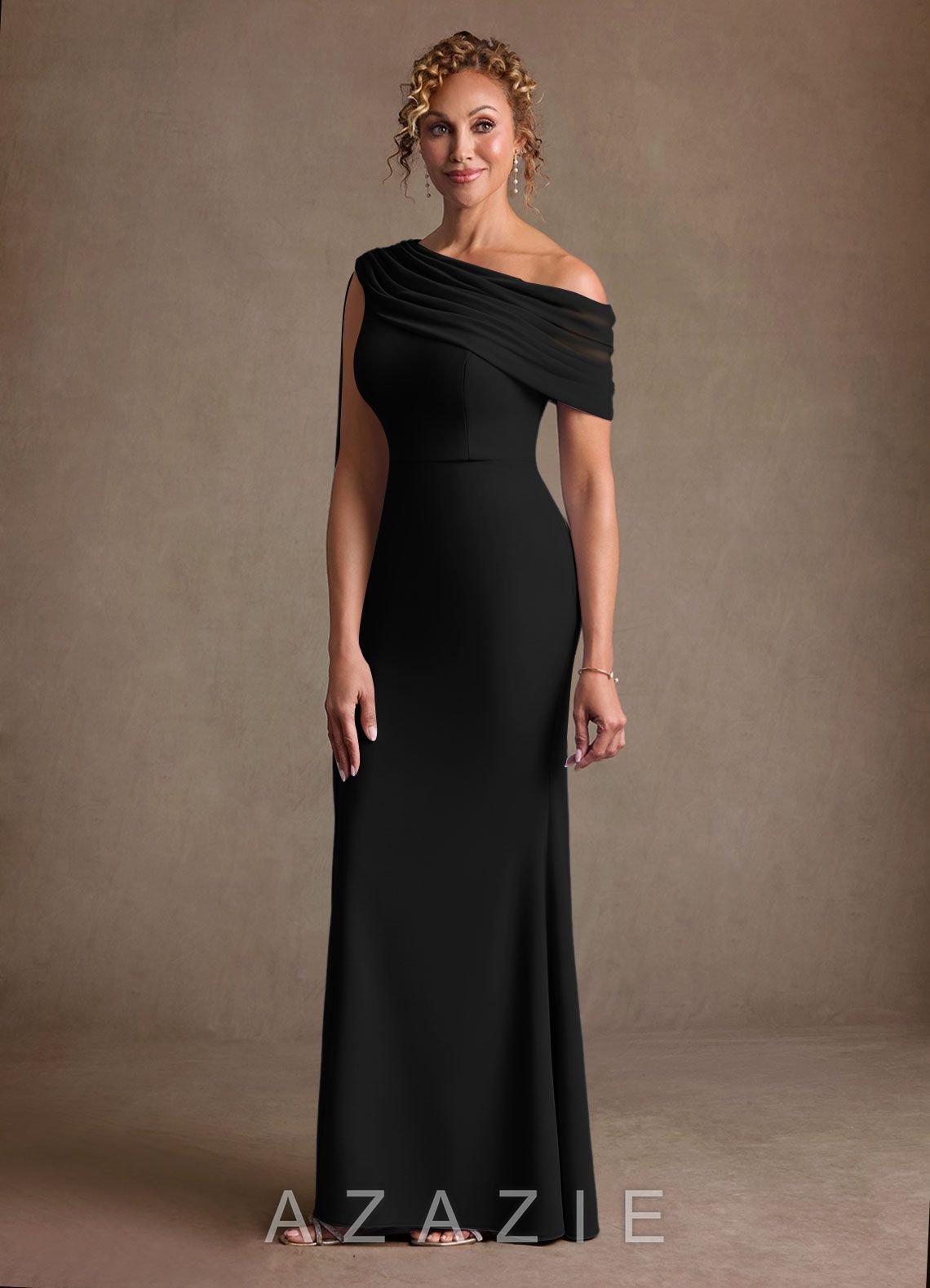 Azazie Bassi Black Mermaid Off the Shoulder Mesh Dress black