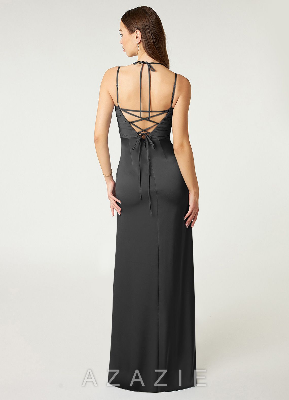 Azazie Desi Black Sheath Halter Corset Stretch Satin Dress black