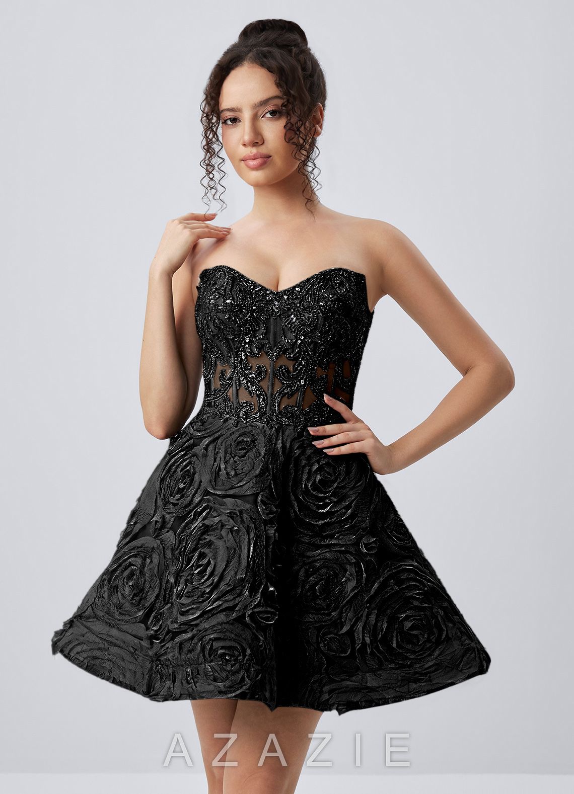 Mathilde Black Strapless 3D Rose Mesh Corset Skater Mini Dress