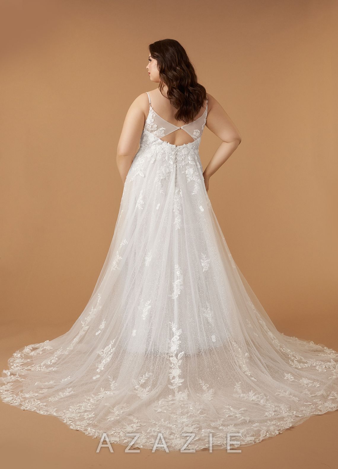 Azazie Arabelle Wedding Dress Diamond White A-Line V-Neck Lace Tulle Dress diamond_white