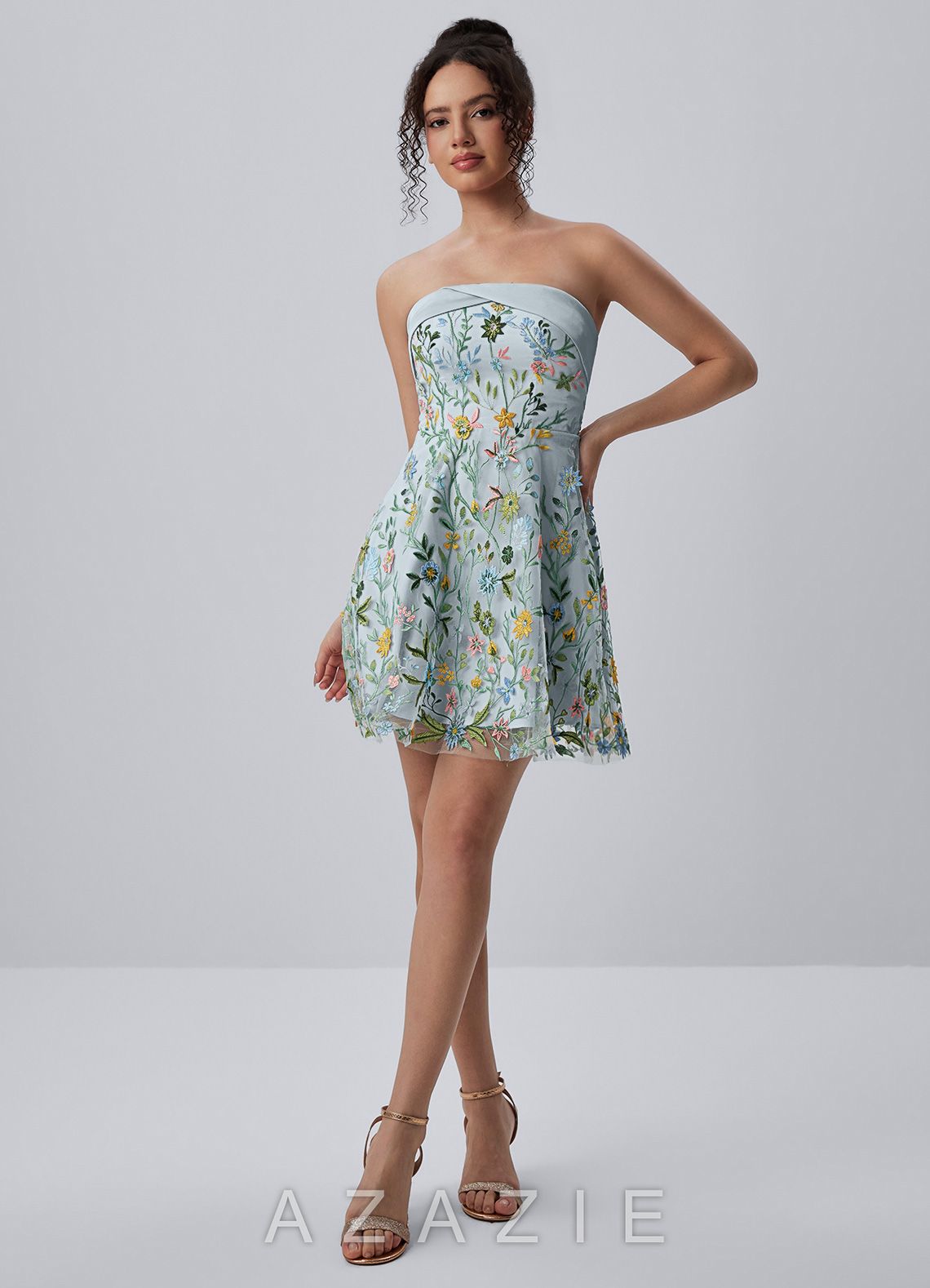 Margaux Sky Blue Strapless Floral Embroidery Lace-Up Skater Mini Dress