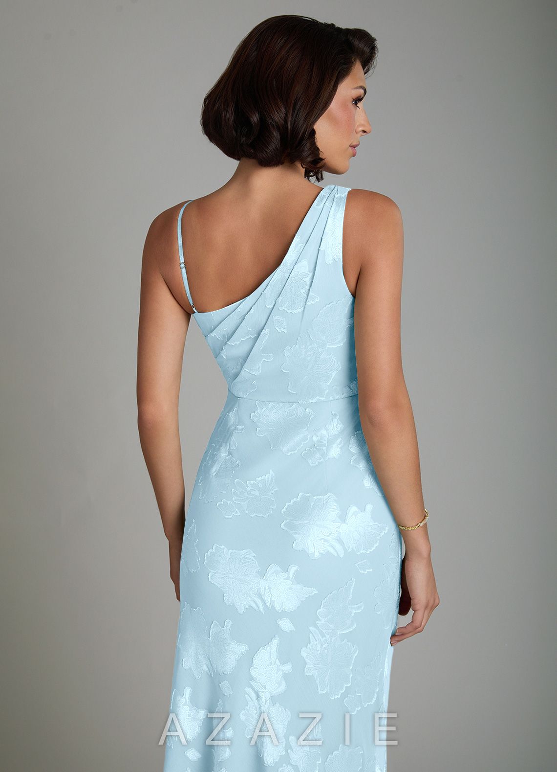 Azazie Xara Sky Blue Sheath Pleated Floral Jacquard Burnout Dress sky_blue