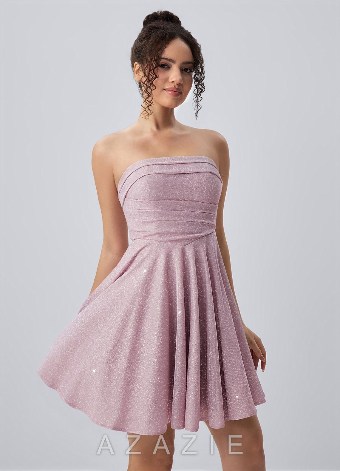 Jacinthe Pink Strapless Glitter Ruched Lace-Up Skater Mini Dress