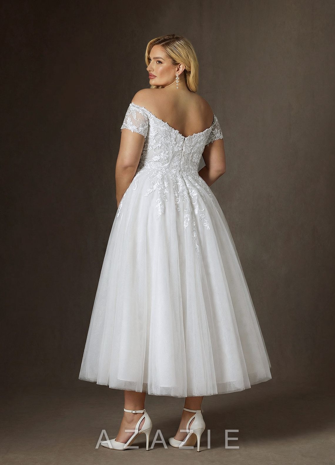 Azazie Rowe Diamond White A-Line Off the Shoulder Lace Dress diamond_white