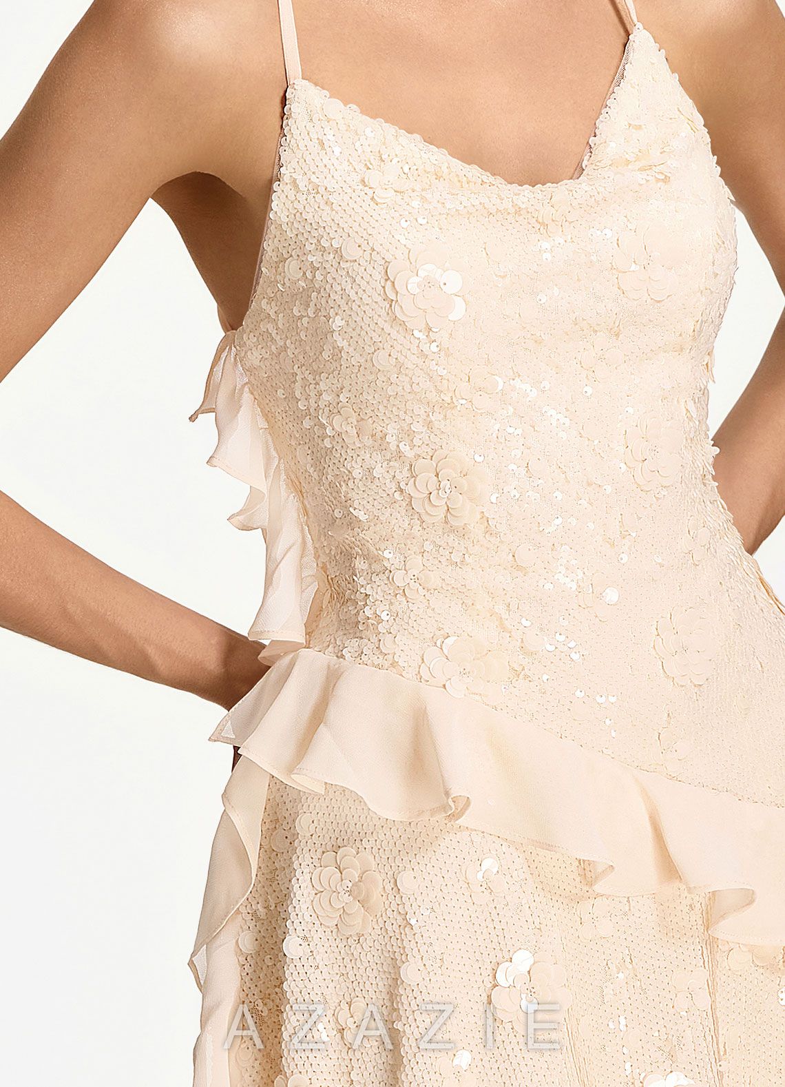 Honorata Champagne Sequin Floral Spaghetti Strap Lace Up Mini Dress