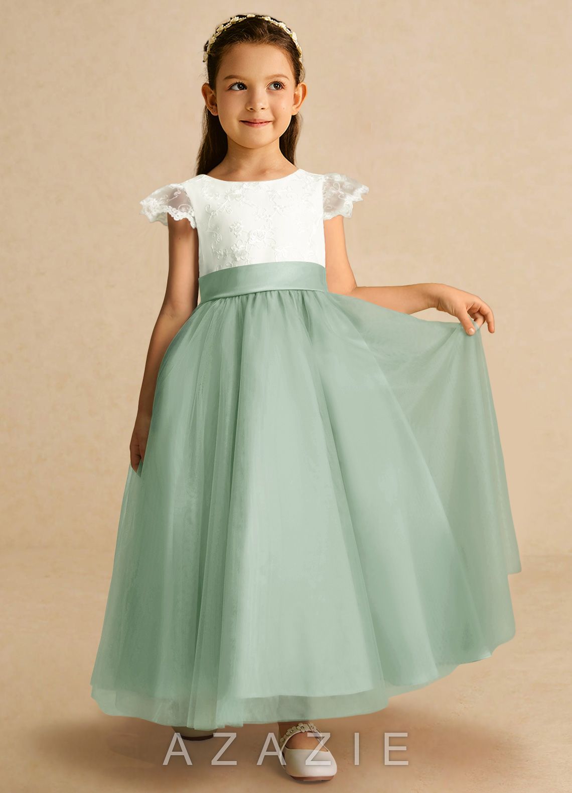 Azazie Pookie Agave A-Line Lace Tulle Dress agave