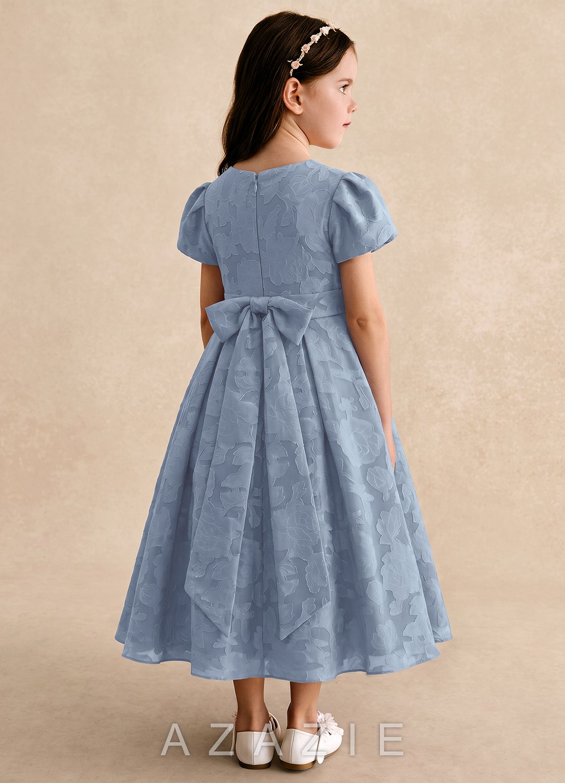 Azazie Princes Dusty Blue A-Line Pleated Floral Burnout Dress