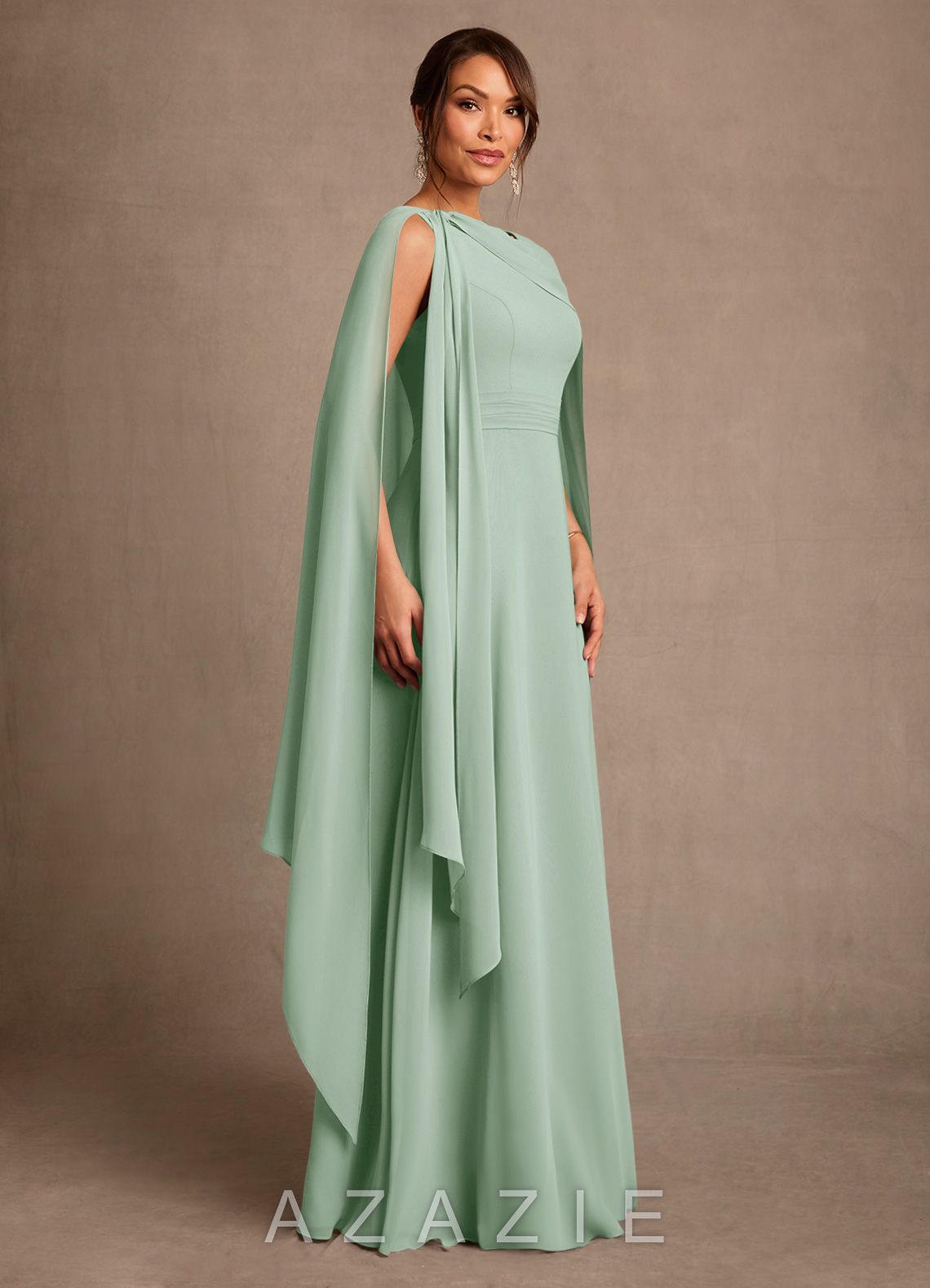 Azazie Liddie Agave A-Line Pleated Chiffon Dress agave