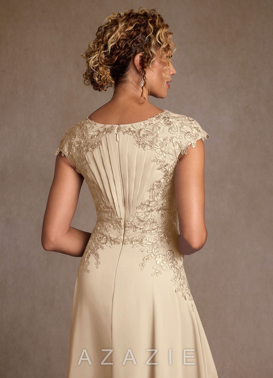 Azazie Christi Champagne A-Line Lace Chiffon Dress champagne