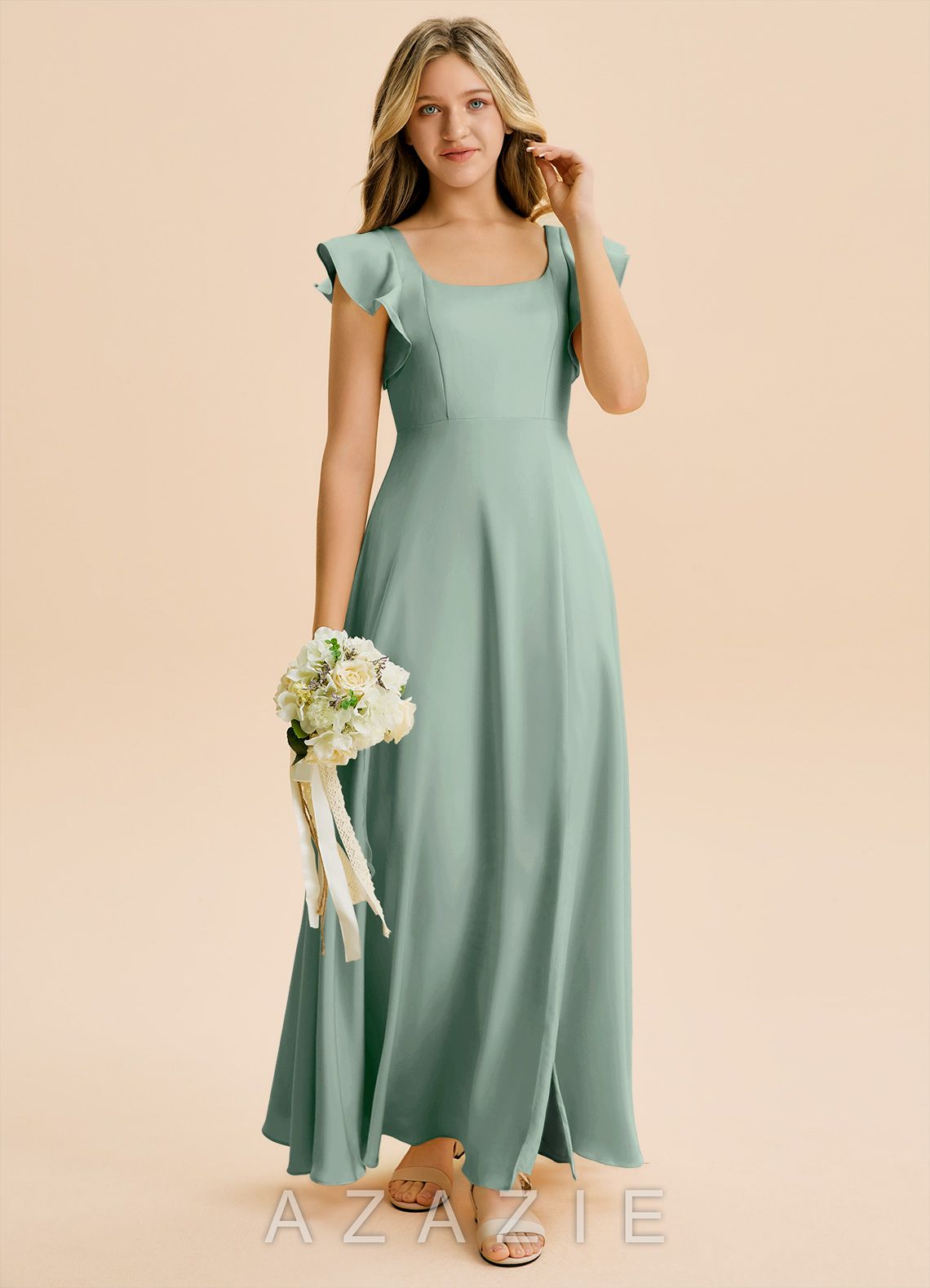 Azazie Bondi Junior Agave A-Line Side Slit Stretch Satin Dress agave