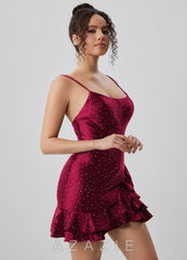 Katerina Burgundy Spaghetti Strap Satin Rhinestone Ruffle Lace-Up Mini Dress