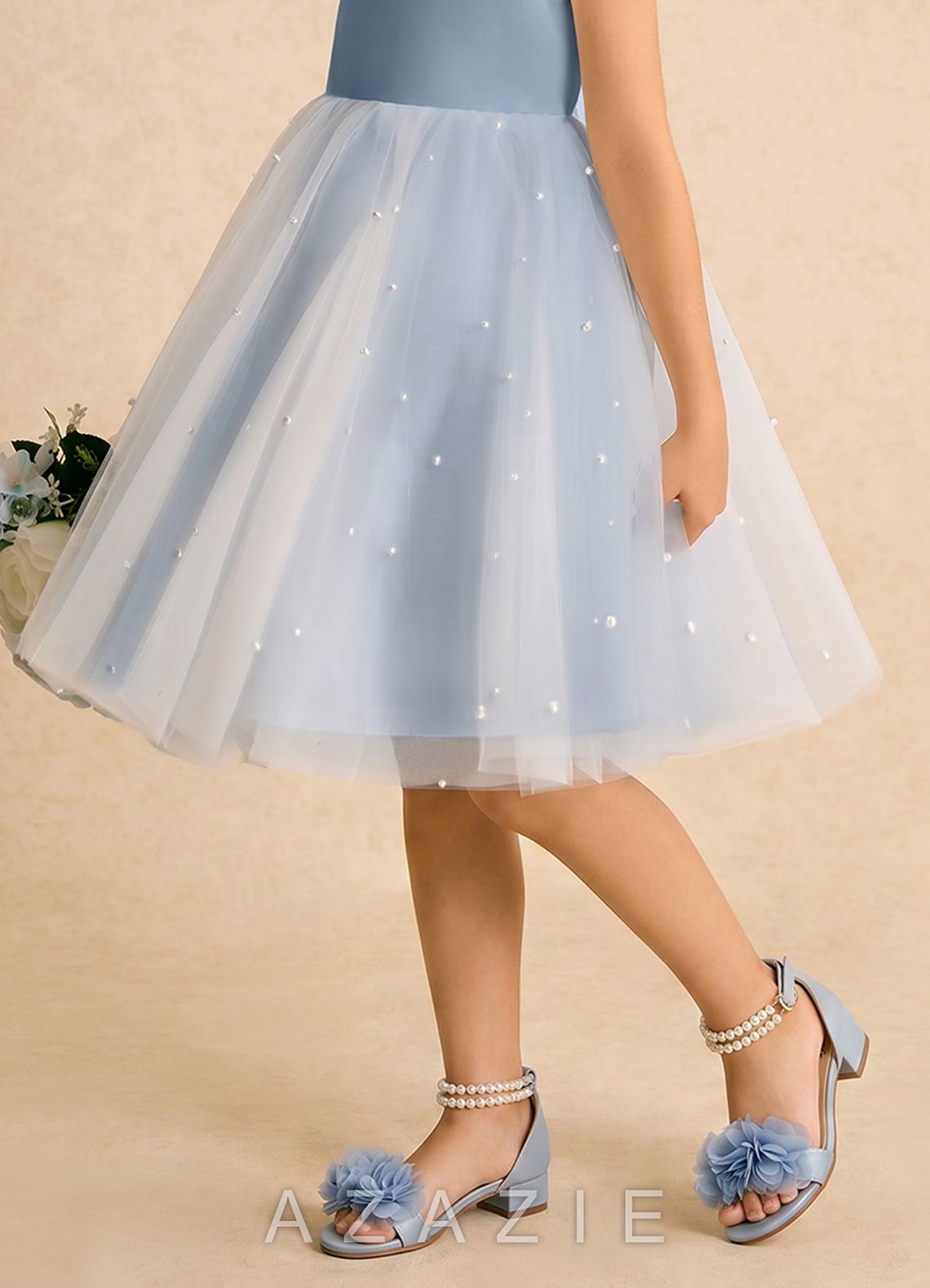 3D Chiffon Floral Pearl Ankle Strap Open Toe Flower Girl's Block Heels for Little & Big Kids  dusty_blue