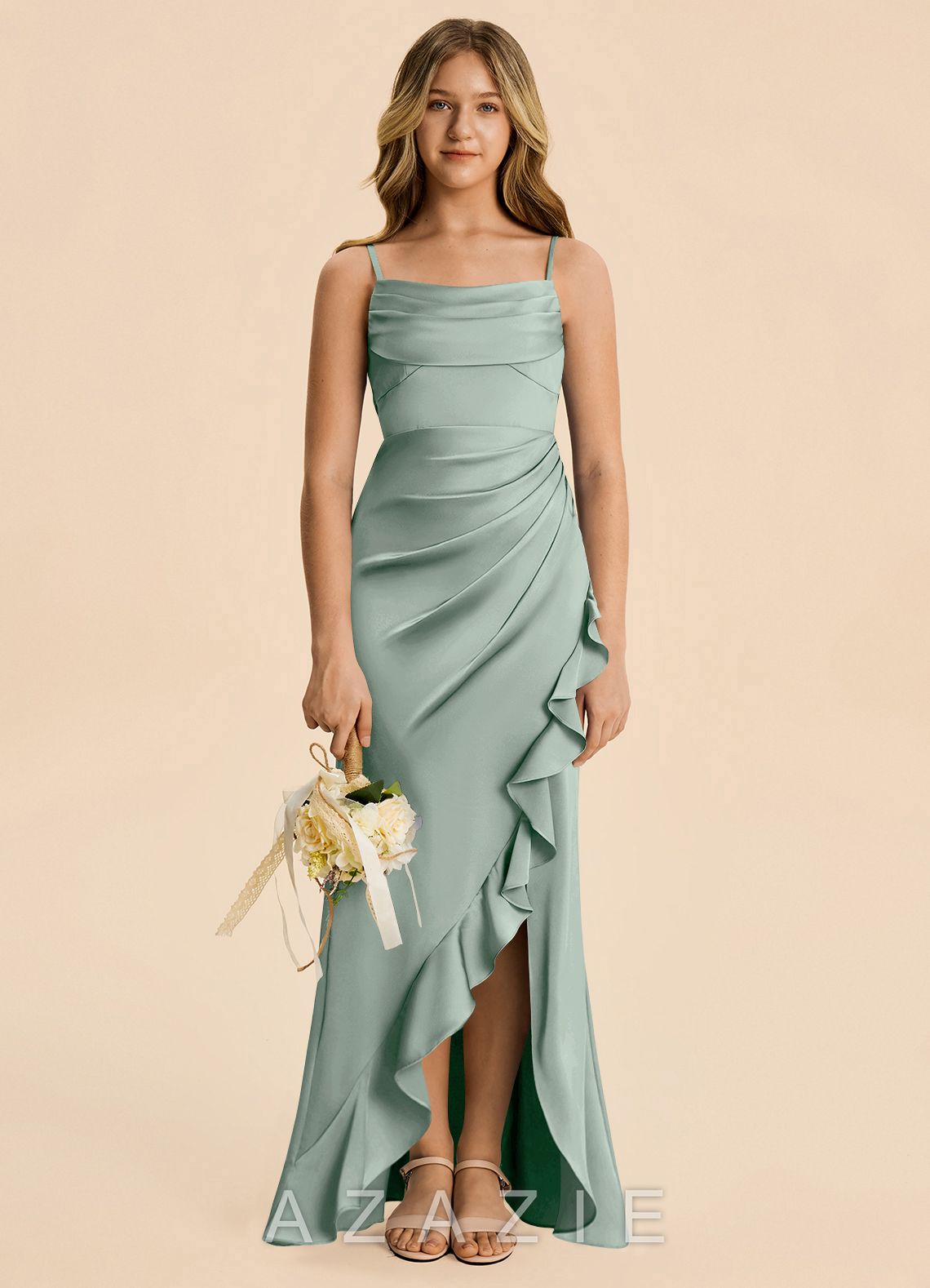Azazie Mia Junior Agave Mermaid Pleated Stretch Satin Dress agave
