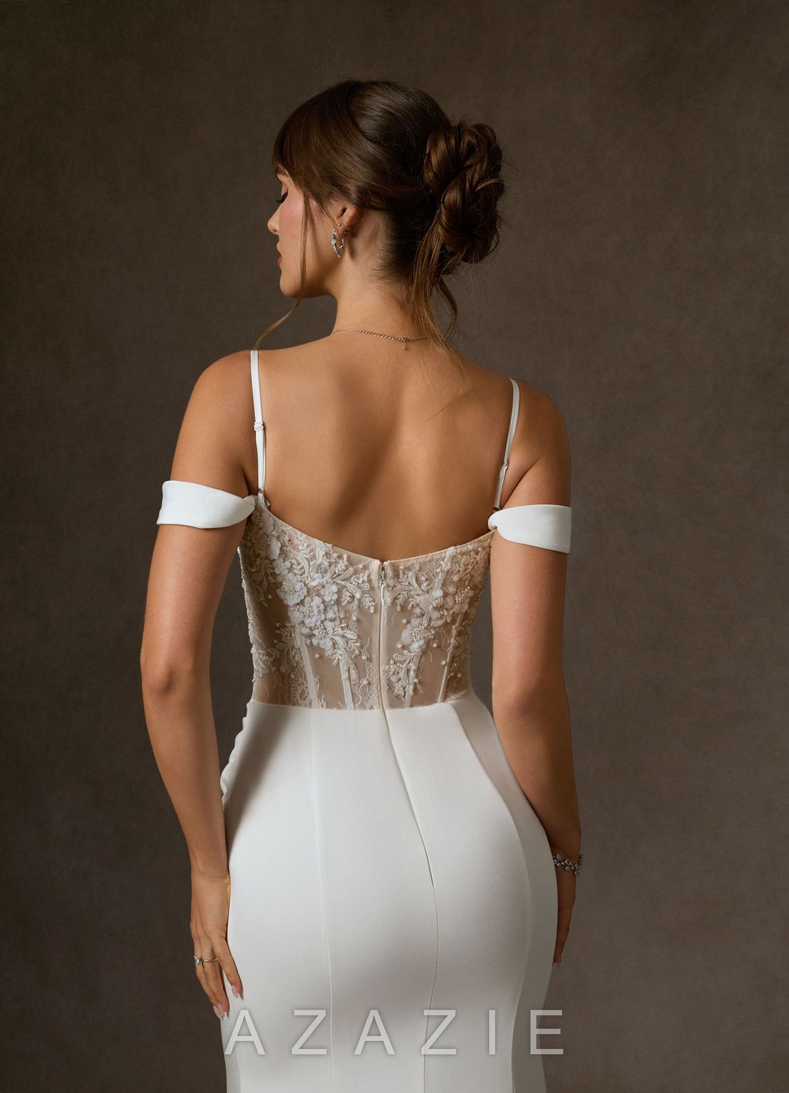 Azazie Alyce Diamond White Nude Mermaid Off the Shoulder Crepe Back Satin Dress