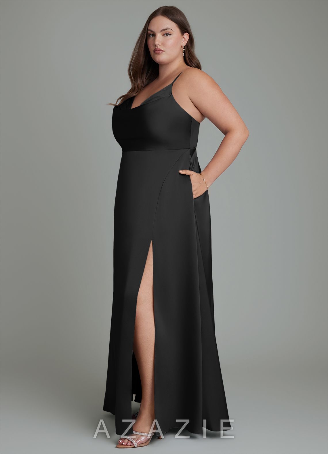 Azazie Sarella Black A-Line Pleated Stretch Satin Dress black