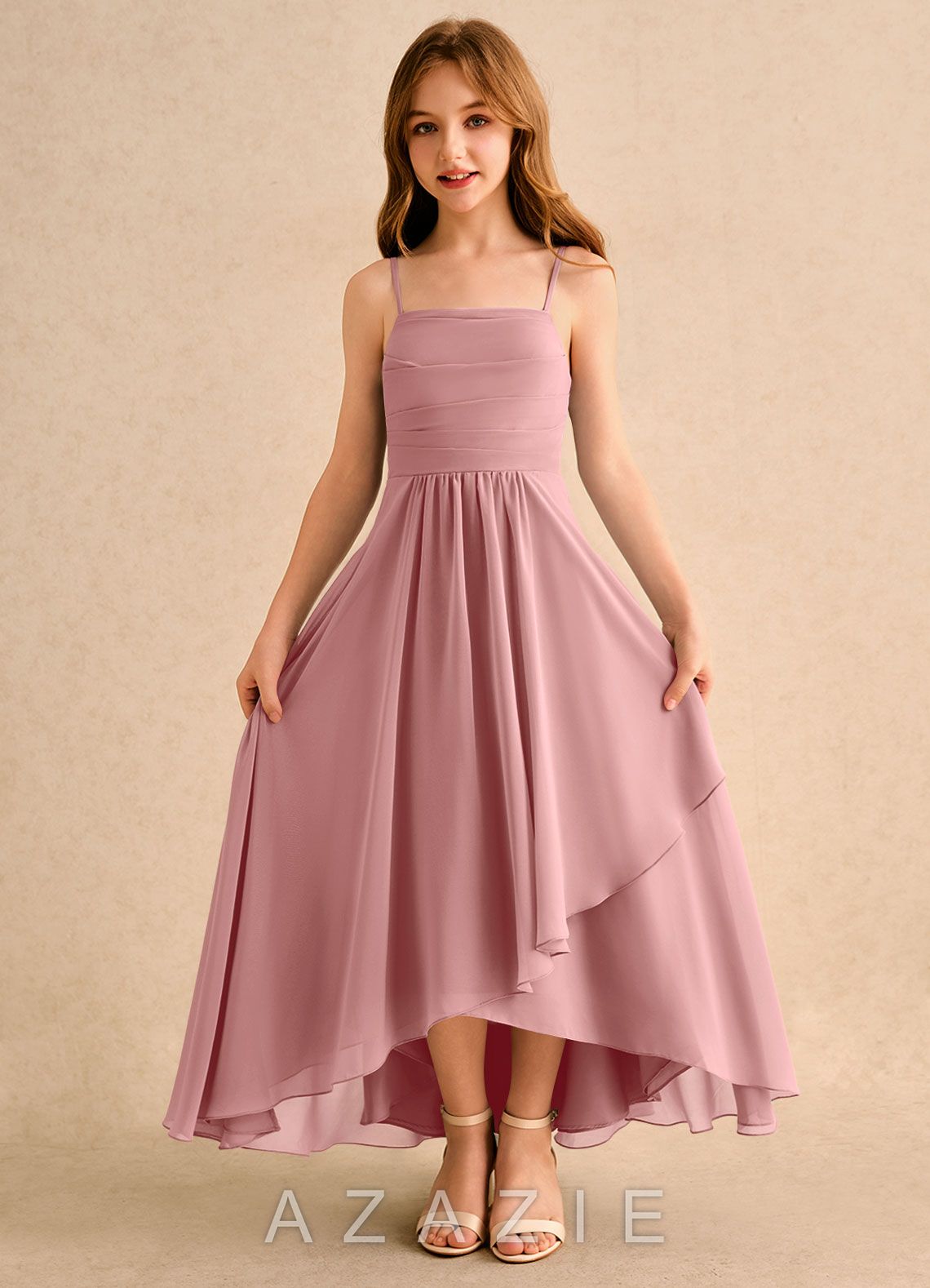 Azazie Twilight Dance Girls Formal Dusty Rose A-Line Pleated Chiffon Dress dusty_rose