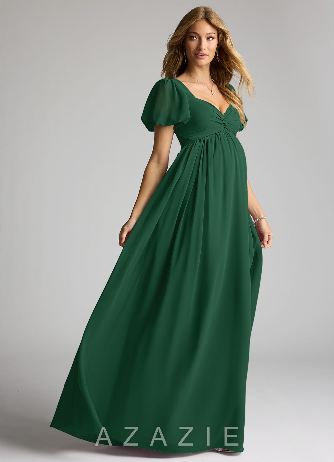 Azazie Madisynn Bow Chiffon Floor-Length Dress dark_green