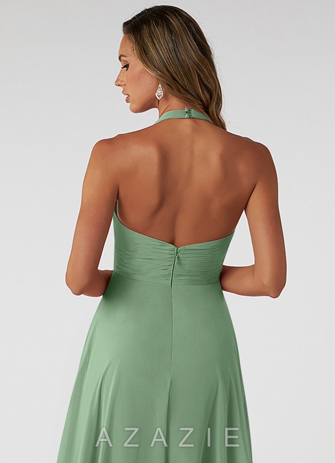 Azazie Tessie Matcha A-Line V-Neck Pleated Chiffon Dress matcha
