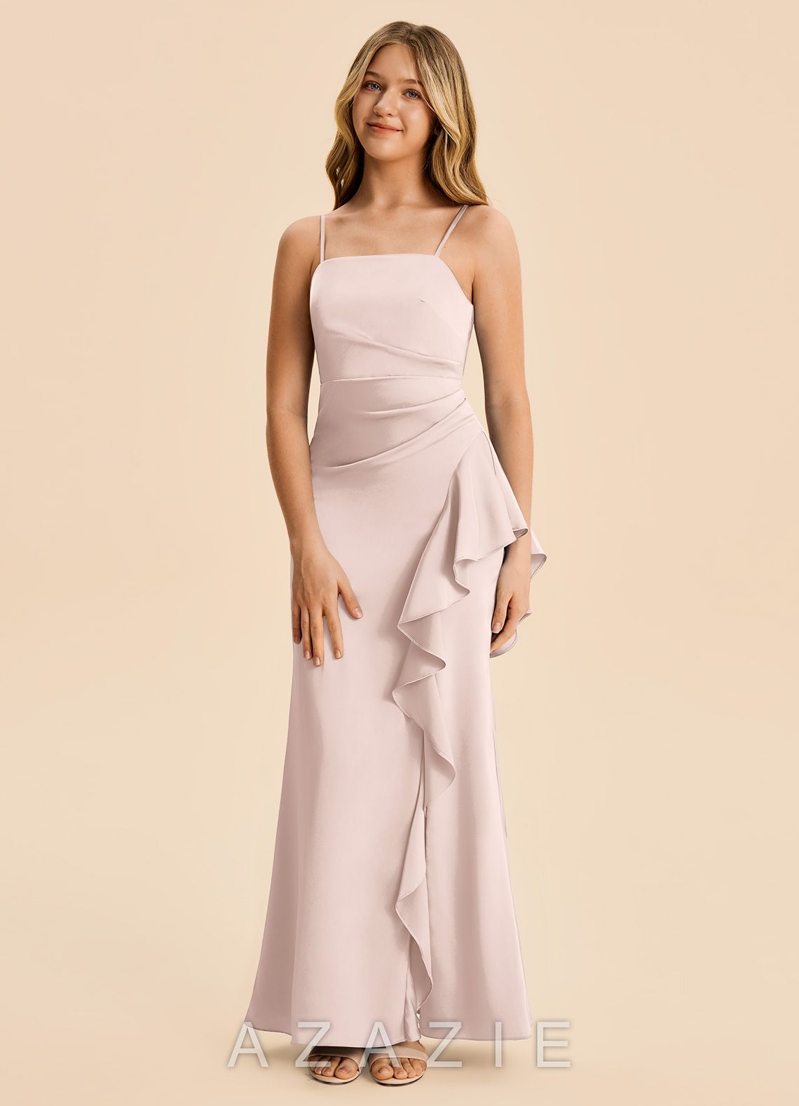 Azazie Lyla Junior Blushing Pink Mermaid Pleated Stretch Satin Dress blushing_pink