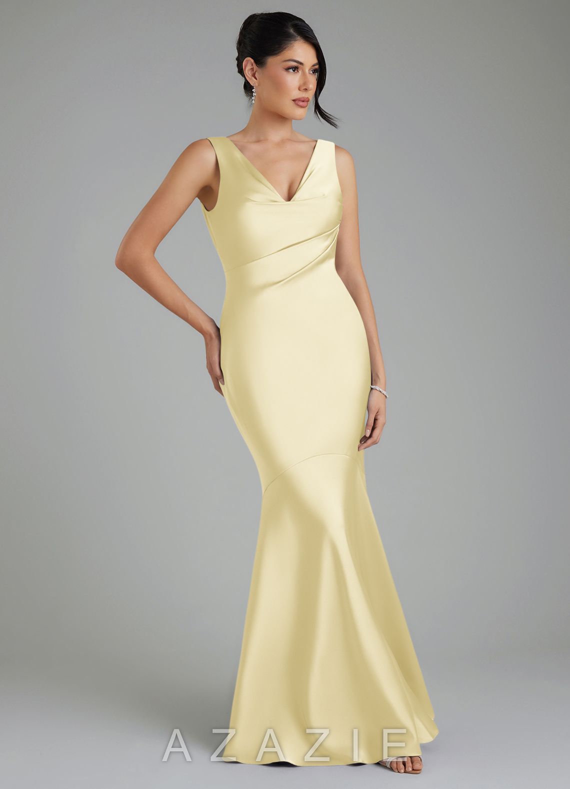Azazie Monica Lemon Sorbet Mermaid Pleated Stretch Satin Dress lemon_sorbet