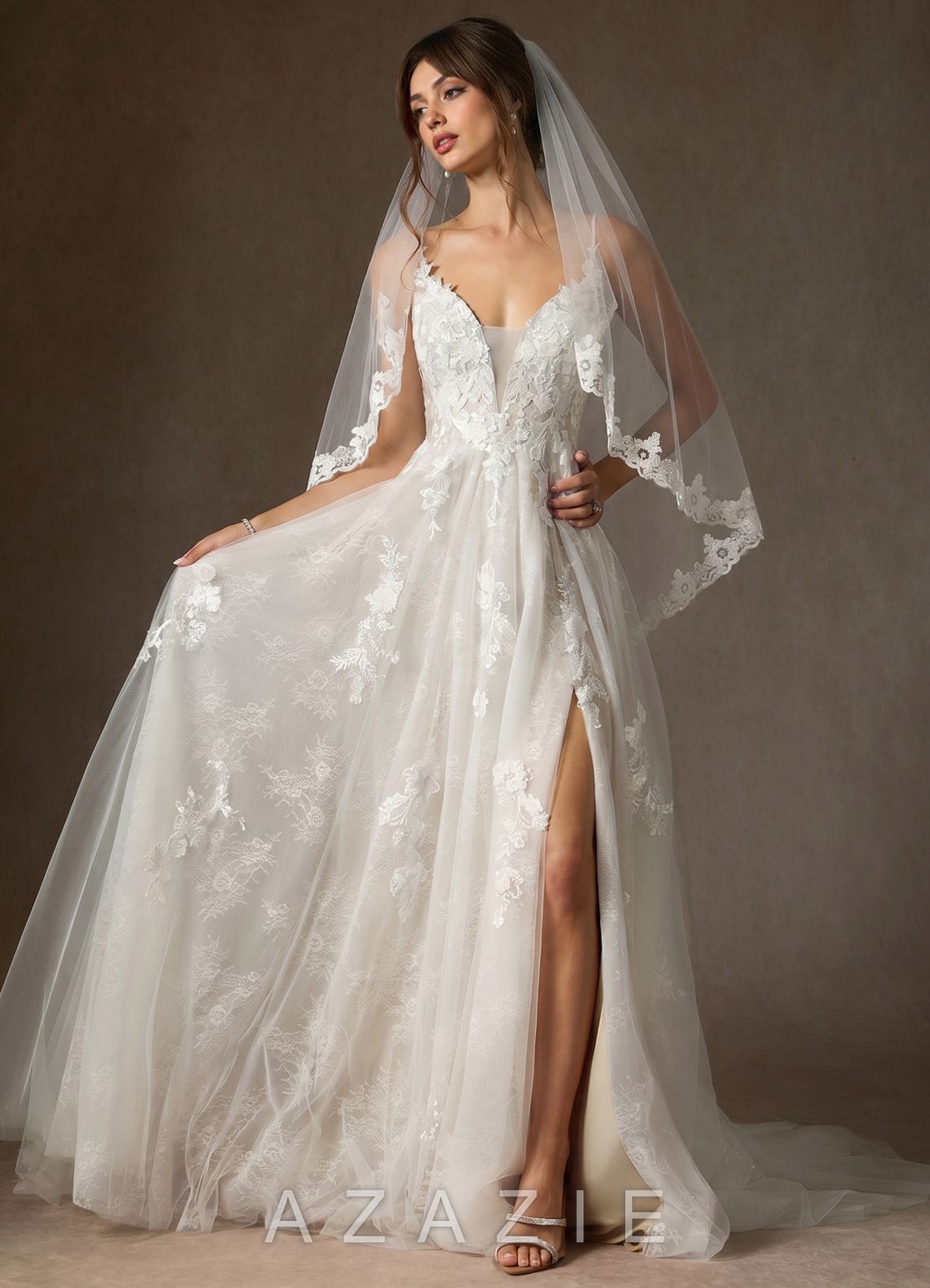 Cora Eileen Lace Floral Applique Fingertip Veil  diamond_white