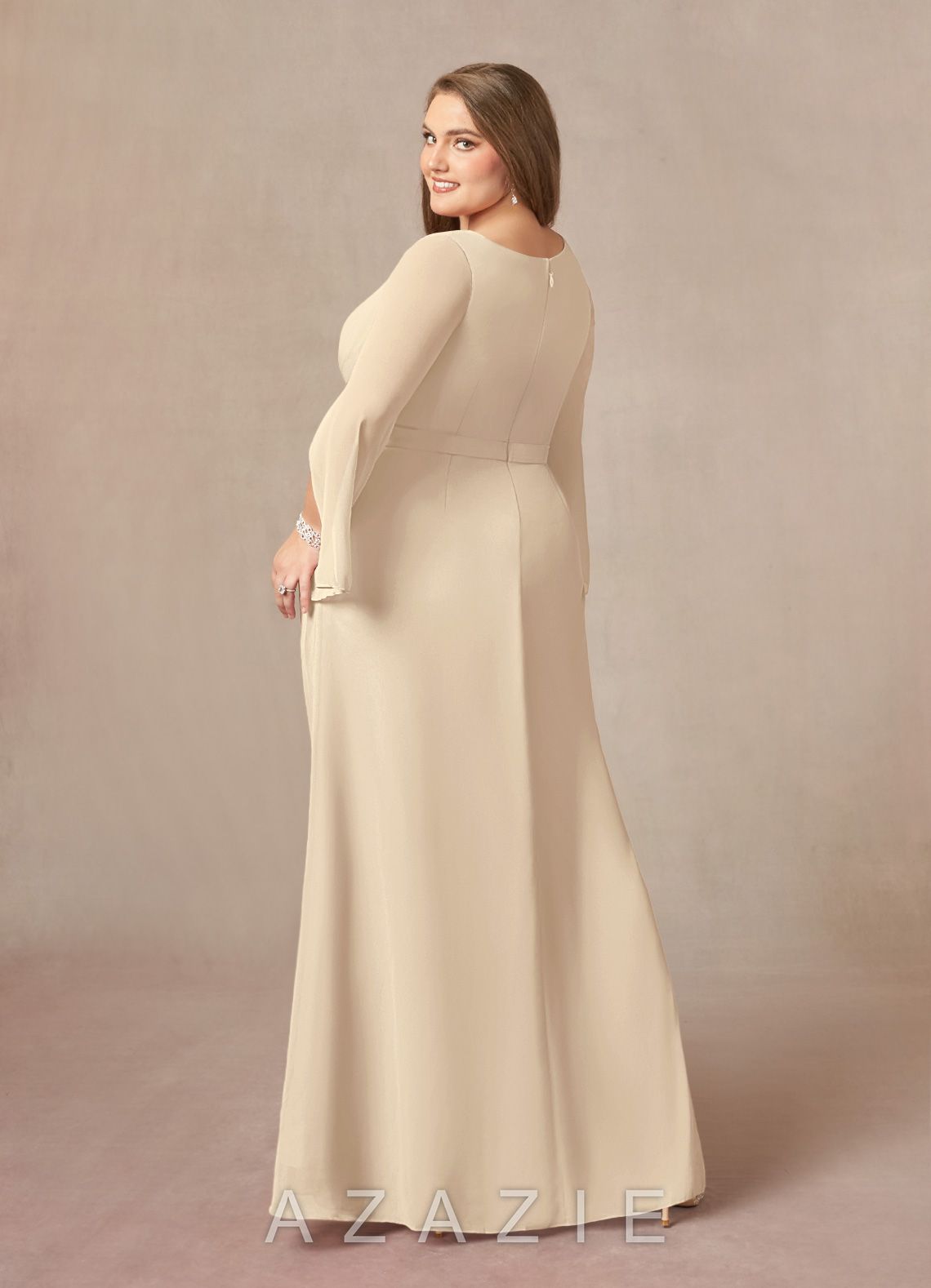 Azazie Belinda Champagne A-Line V-Neck Pleated Chiffon Dress champagne