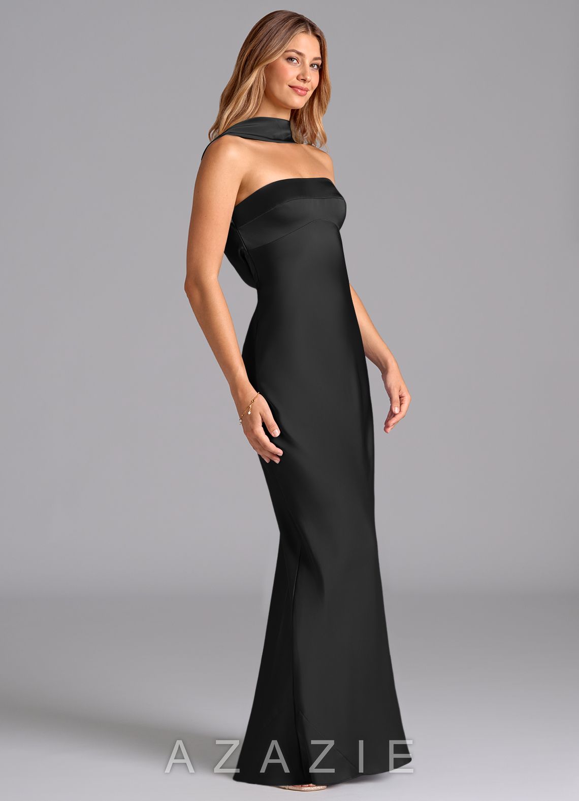 Azazie Lusinda Black Mermaid Strapless Stretch Satin Dress black