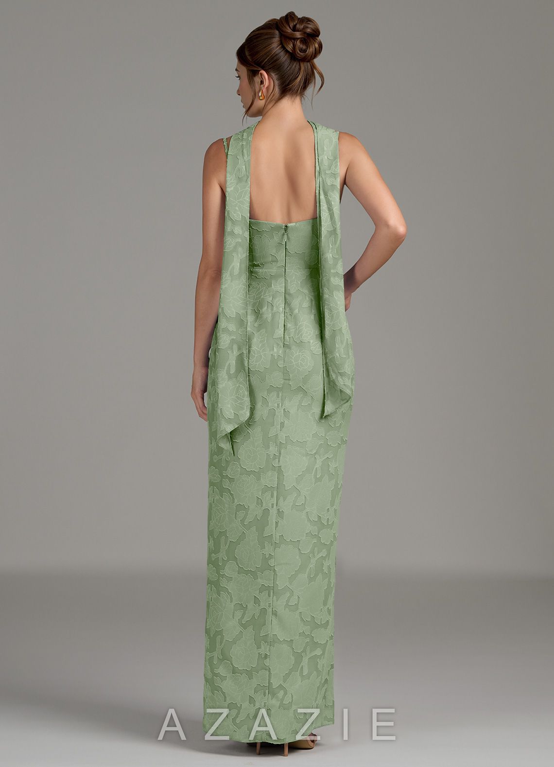 Azazie Calandra Dusty Sage Sheath Pleated Floral Burnout Dress dusty_sage