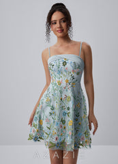 Margaux Sky Blue Strapless Floral Embroidery Lace-Up Skater Mini Dress