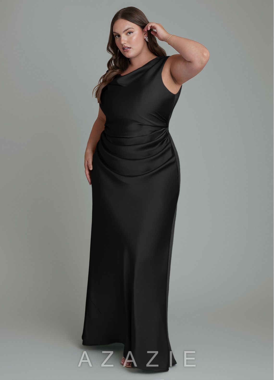 Azazie Kieryn Black Mermaid Pleated Stretch Satin Dress black