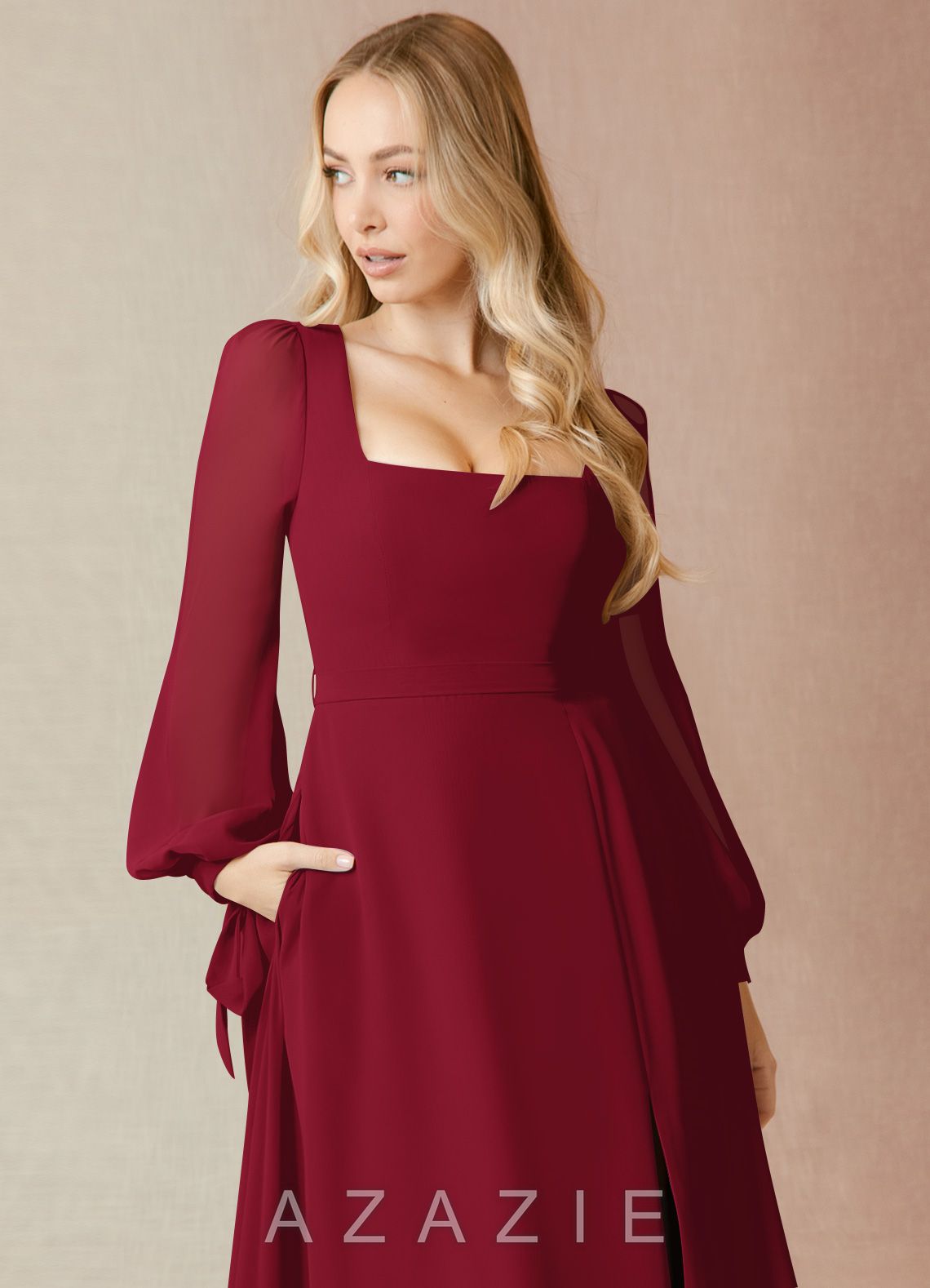 Azazie Leonia Burgundy A-Line Long Sleeve Chiffon Dress burgundy