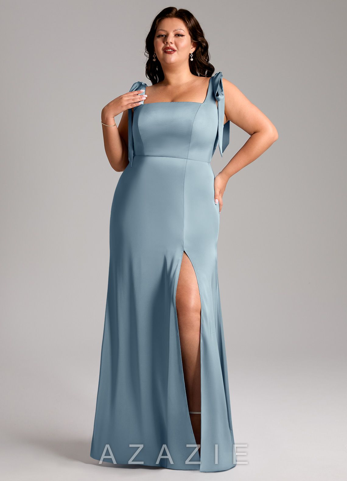 Azazie Frostine Dusty Blue A-Line Bow Stretch Satin Dress dusty_blue