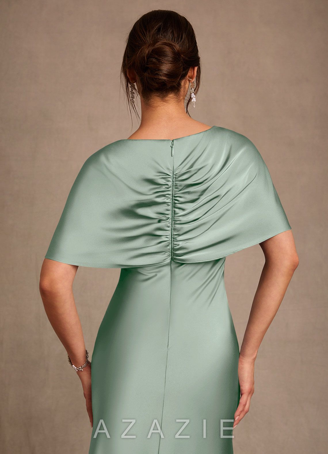 Azazie Dosia Agave Sheath Pleated Stretch Satin Dress agave