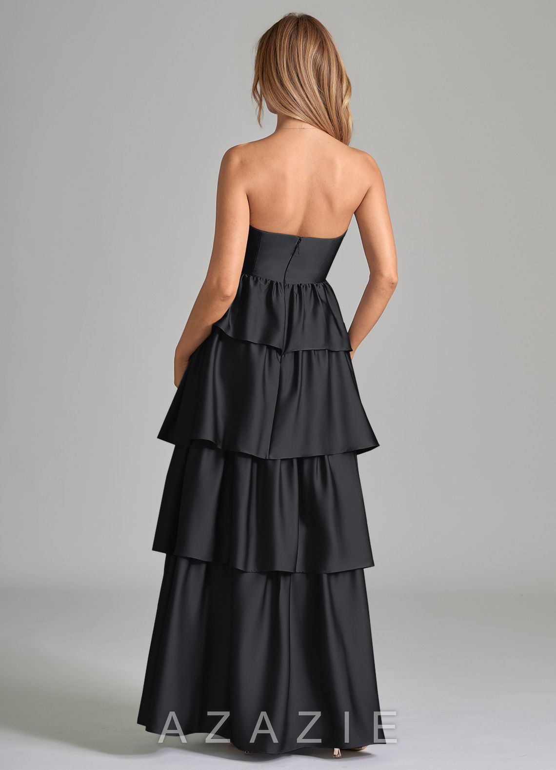Azazie Faye Black A-Line Ruched Stretch Satin Dress black