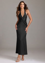Azazie Valerie Black Mermaid Pleated Stretch Satin Dress