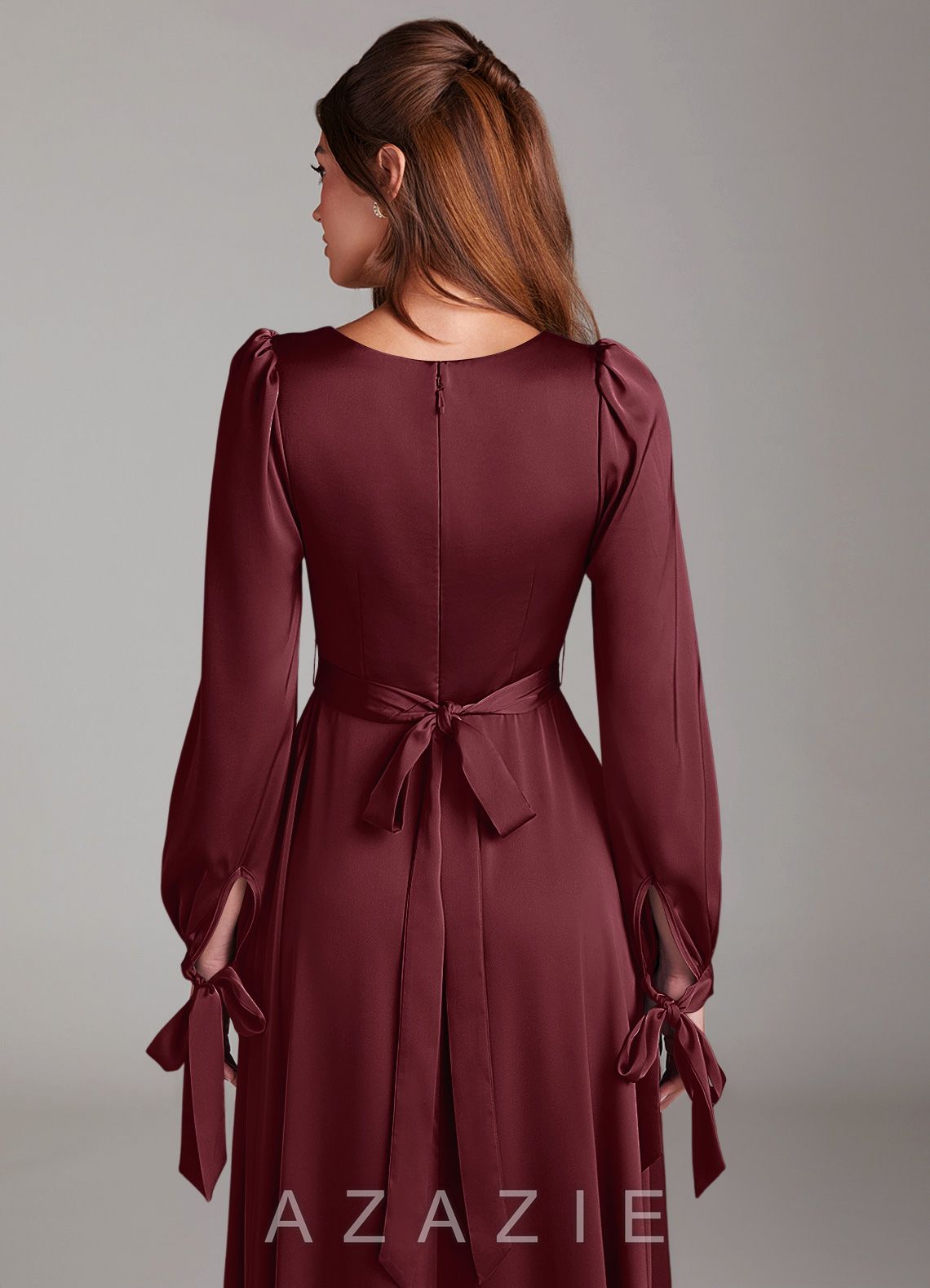 Azazie Leonia Cabernet A-Line Long Sleeve Stretch Satin Dress cabernet