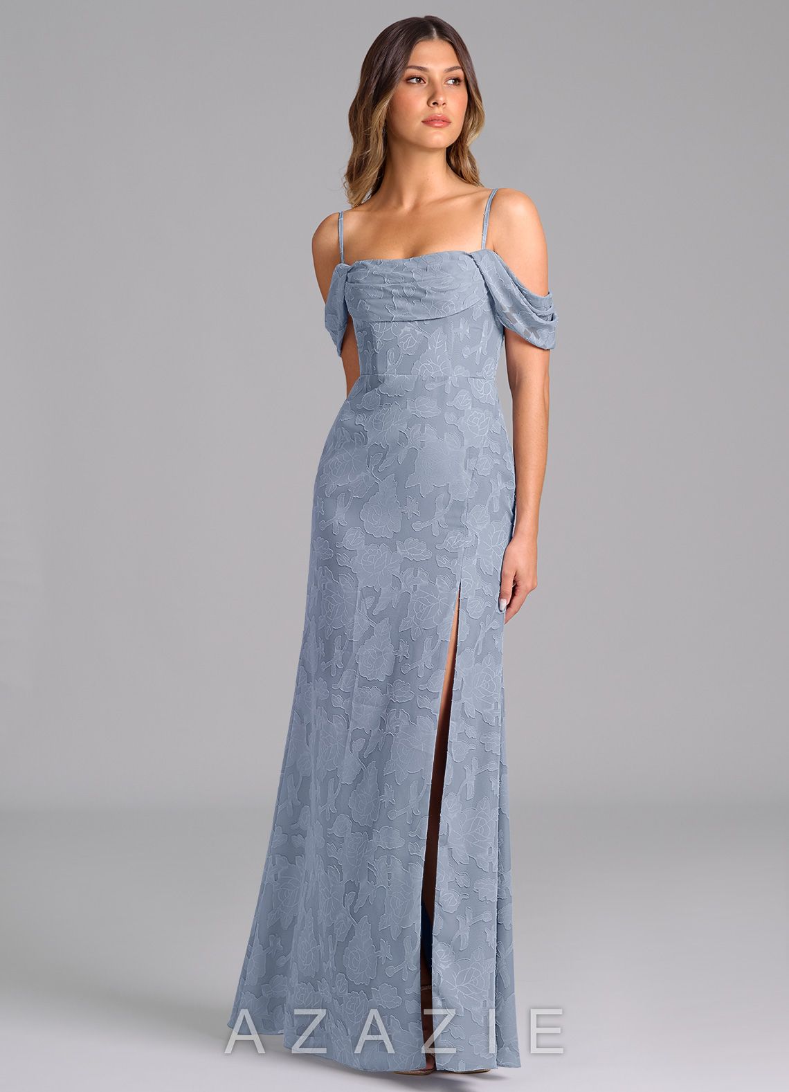 Azazie Saige Dusty Blue A-Line Off the Shoulder Floral Burnout Convertible Dress dusty_blue