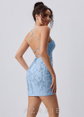 Rosalythienne Sky Blue Lace Rhinestones Open Back Mini Dress