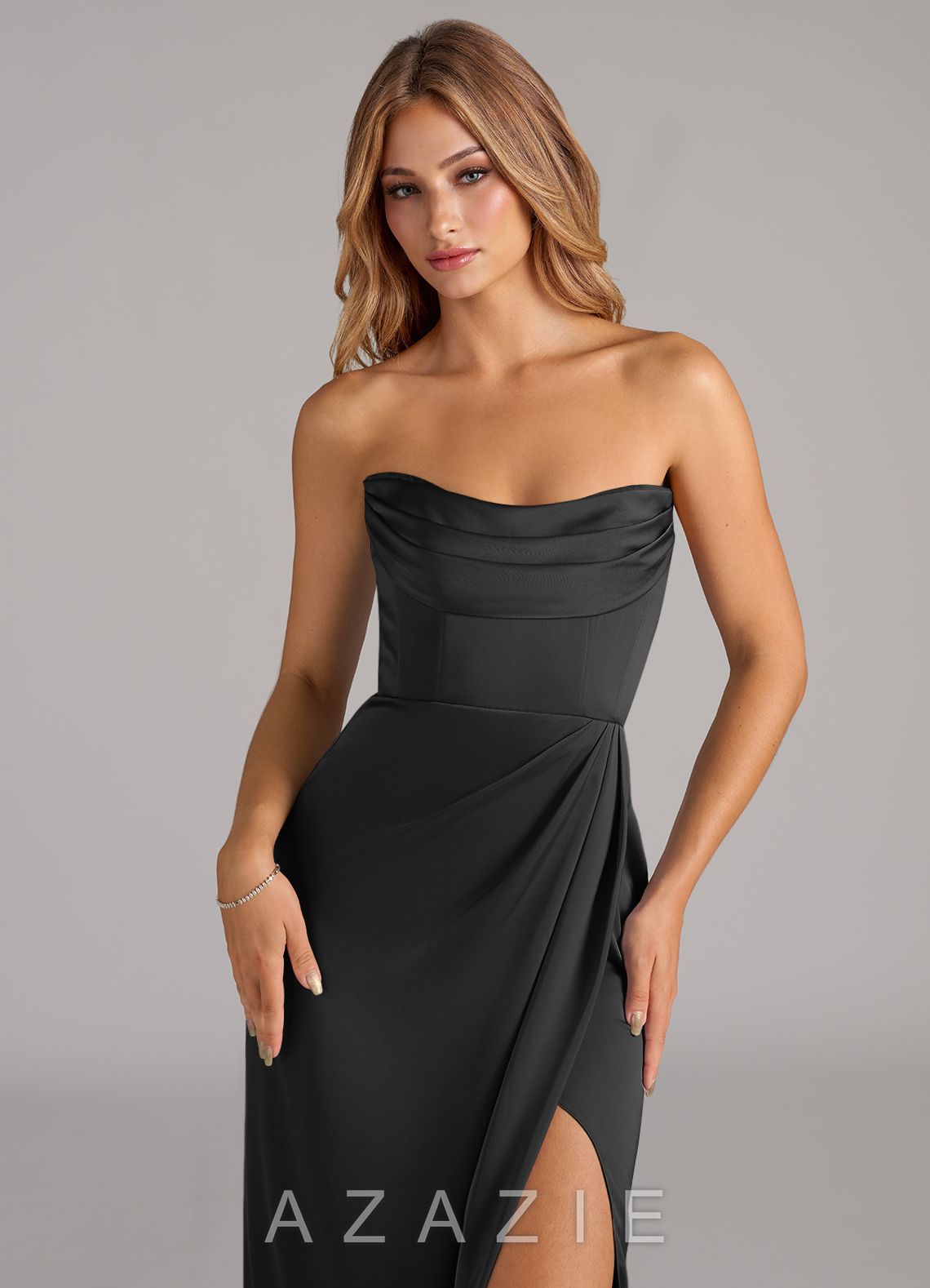 Azazie Johana Black Mermaid Off the Shoulder Stretch Satin Convertible Dress black