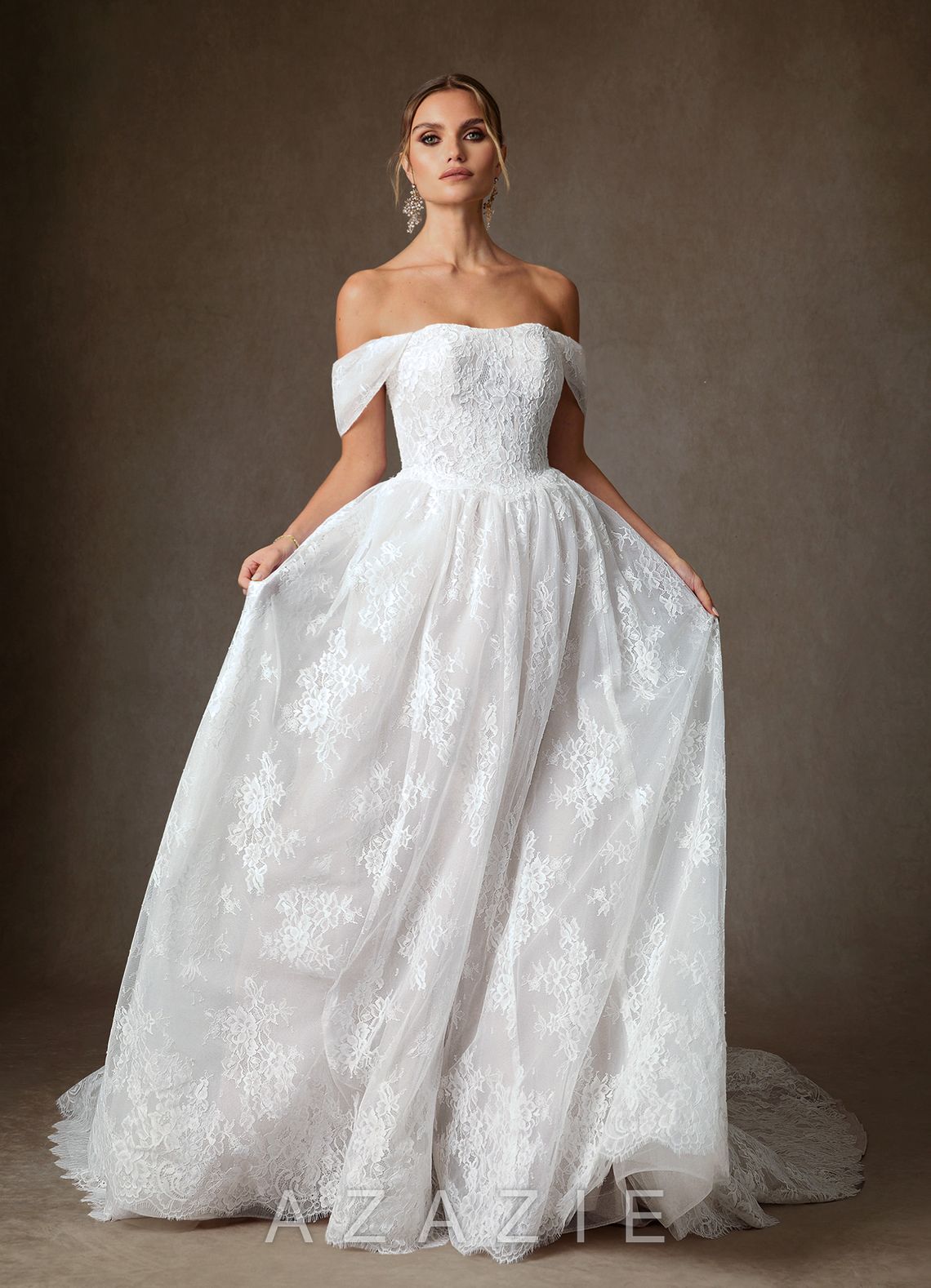 Azazie Justice Diamond White Ball-Gown Off the Shoulder Lace Dress